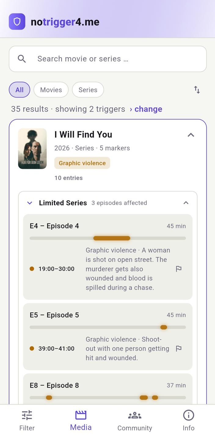 App-Screenshot: Heller Modus mit aufgeklappter Serie und Episoden-Timelines