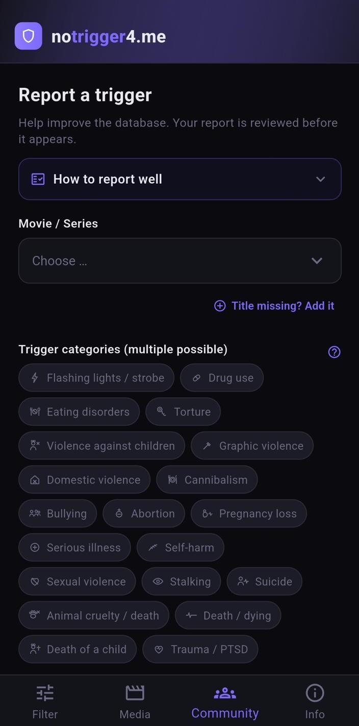 App-Screenshot: Meldeformular mit auswählbaren Trigger-Kategorien