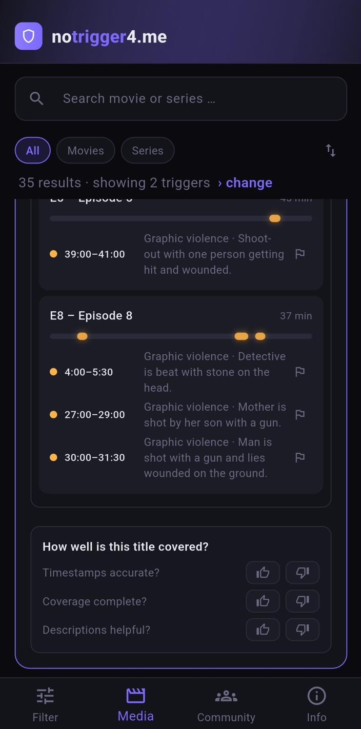 App-Screenshot: Episoden-Timeline mit markierten Szenen, Zeitangaben und Beschreibungen